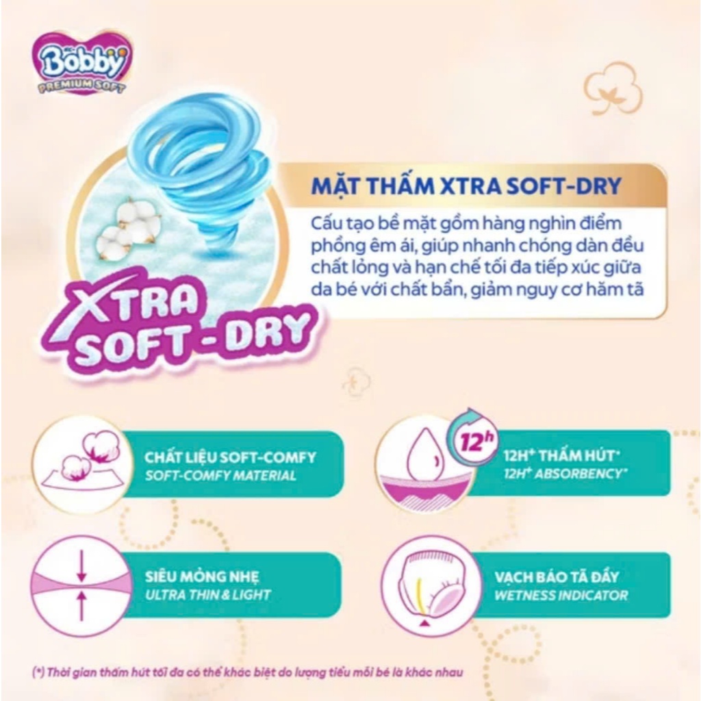 Tã quần Bobby Premium Soft mềm mại êm ái với làn da bé size M60/L56/XL52/XXL48