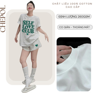 Set Bộ Áo Phông Nữ Chepol Form Rộng, In Chữ, Cổ Tròn, Phối Chân Váy, Chất Cotton (Áo Thun Trắng+Quần Đùi Trắng) CP_10192