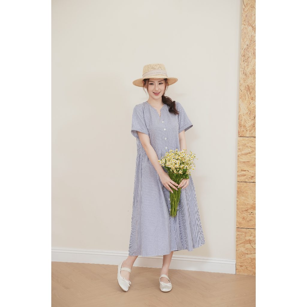 Váy suông, đầm bầu suông OXFORD Dress chất liệu thô mềm cao cấp cổ V có tay, nhẹ nhàng và thoáng mát L'amme