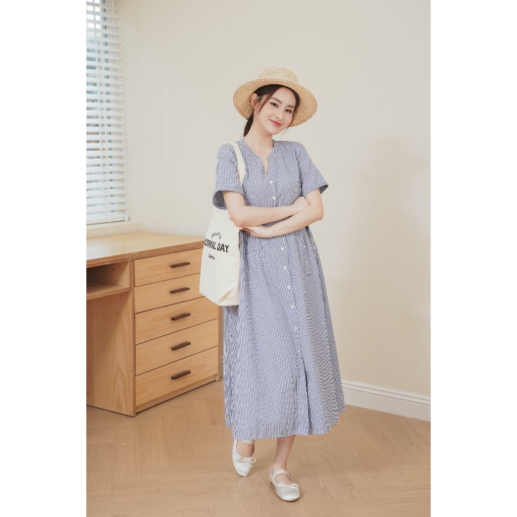 Váy suông, đầm bầu suông OXFORD Dress chất liệu thô mềm cao cấp cổ V có tay, nhẹ nhàng và thoáng mát L'amme