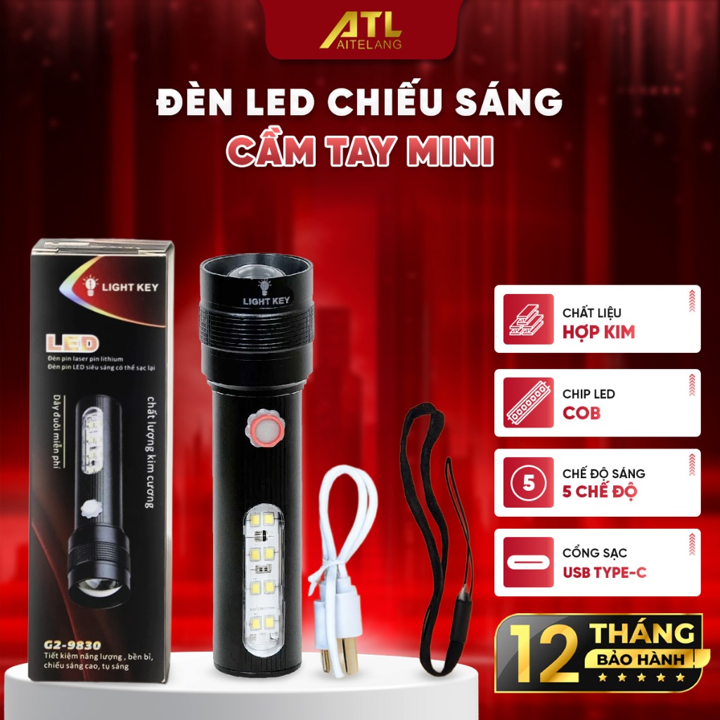 Đèn pin cầm tay mini G2-9830 siêu sáng, đèn pin led thấu kính cầu lồi chip led COB, đèn pin laser