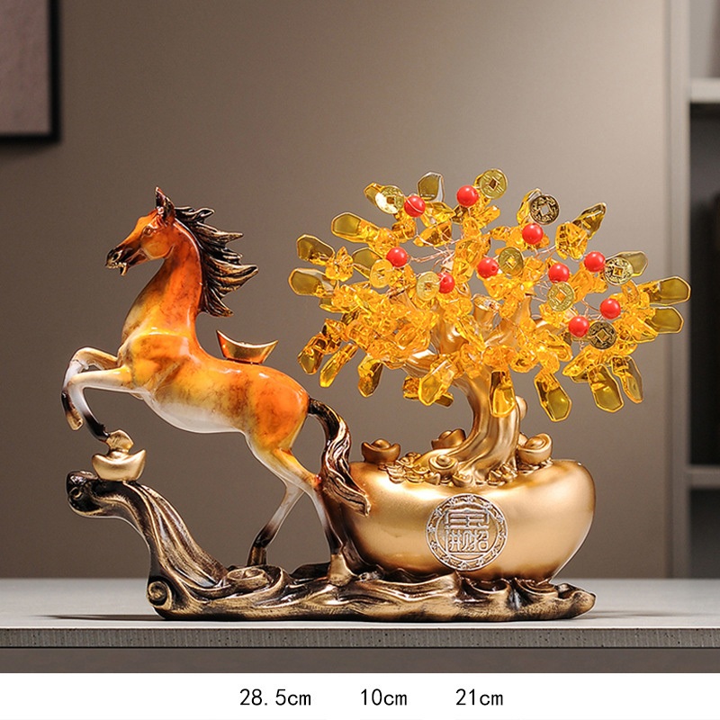 Tượng hươu, ngựa tài lộc kéo cây tiền vàng decor nhà cửa