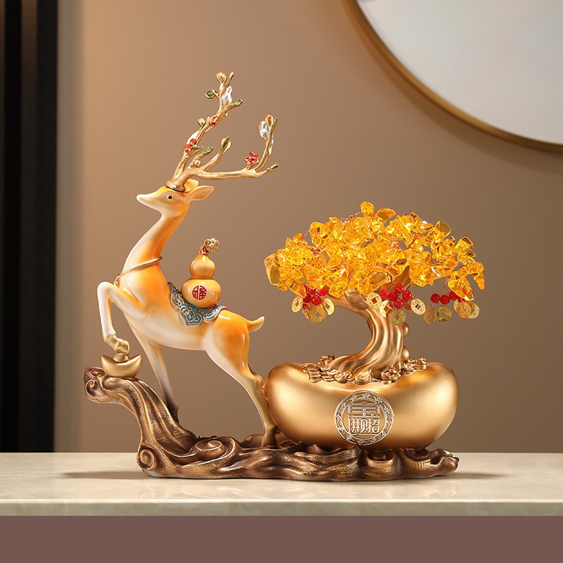 Tượng hươu, ngựa tài lộc kéo cây tiền vàng decor nhà cửa