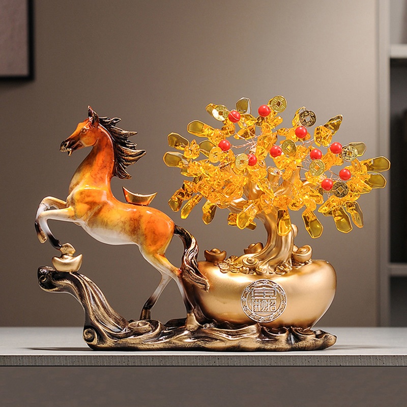 Tượng hươu, ngựa tài lộc kéo cây tiền vàng decor nhà cửa