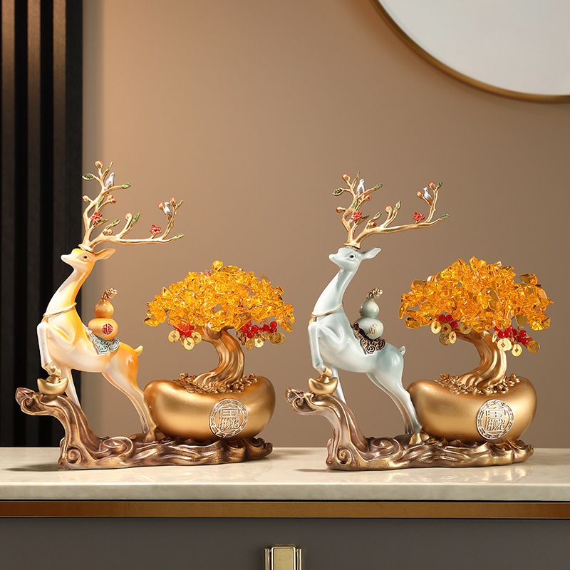 Tượng hươu, ngựa tài lộc kéo cây tiền vàng decor nhà cửa
