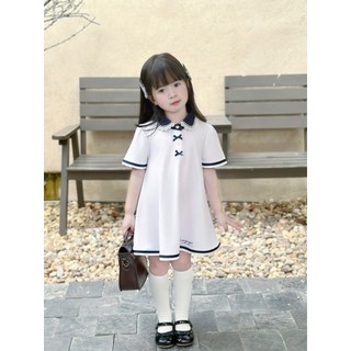 Váy polo cộc tay HUMY NGO trắng phối xanh form suông A bé 12-28kg. Váy học sinh tiểu học chất thun lạnh mềm mát [v164]