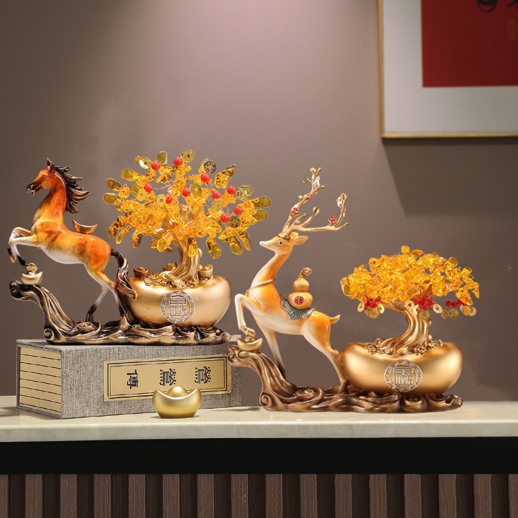 Tượng hươu, ngựa tài lộc kéo cây tiền vàng decor nhà cửa
