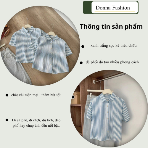 Sơ mi nữ, áo nữ DONNA D1599 kẻ sọc cộc tay vạt bầu trẻ trung, dễ phối đồ