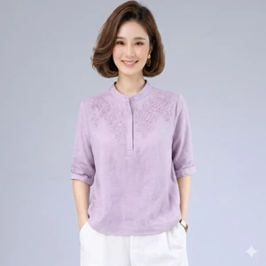 Áo Sơ Mi Trung Niên Nữ Thêu Vải Đũi Tơ Hàn Mềm Mát, Hoạ Tiết Thêu Sang Trọng Sắc Nét (TN02)