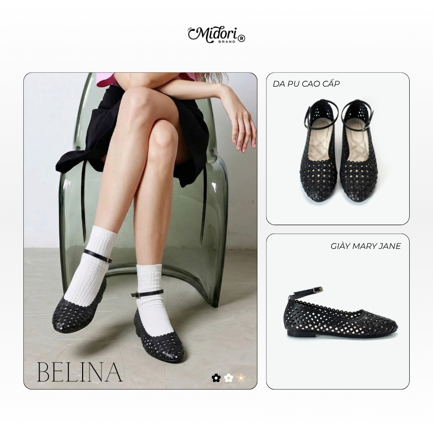 Giày Búp Bê BELINA Da PU Mũi Nhọn Đế Bệt Mary Jane Lưới Đi Tiệc Quai Ngang Đơn Giản | M STUDIO