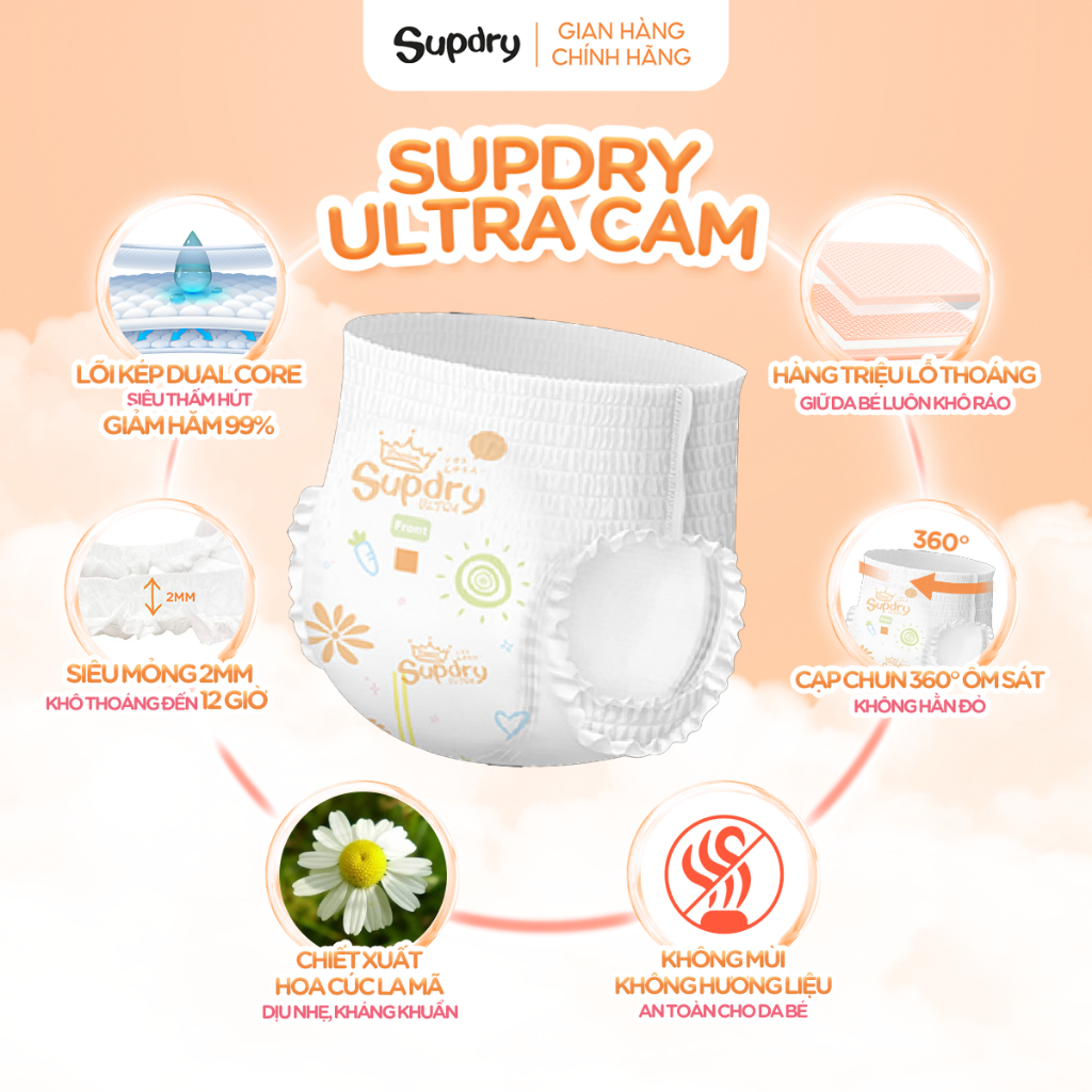 (CÓ QUÀ) COMBO 3 Tã Bỉm Dán Supdry Ultra Cam Cao Cấp, Chống Hăm, Thấm Hút size NB/S/M cho bé 4kg-20kg