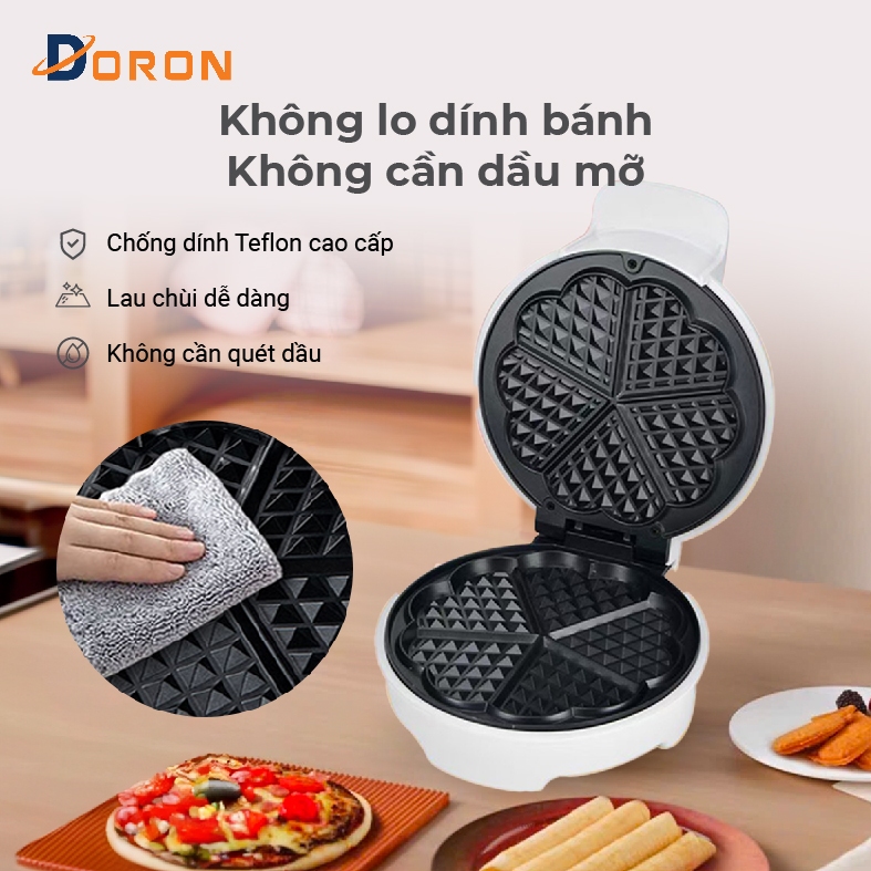 Máy làm bánh bông lan, máy nướng bánh kẹp tổ ong DORON 1000W màu trắng hiện đại, kiểu dáng sang trọng