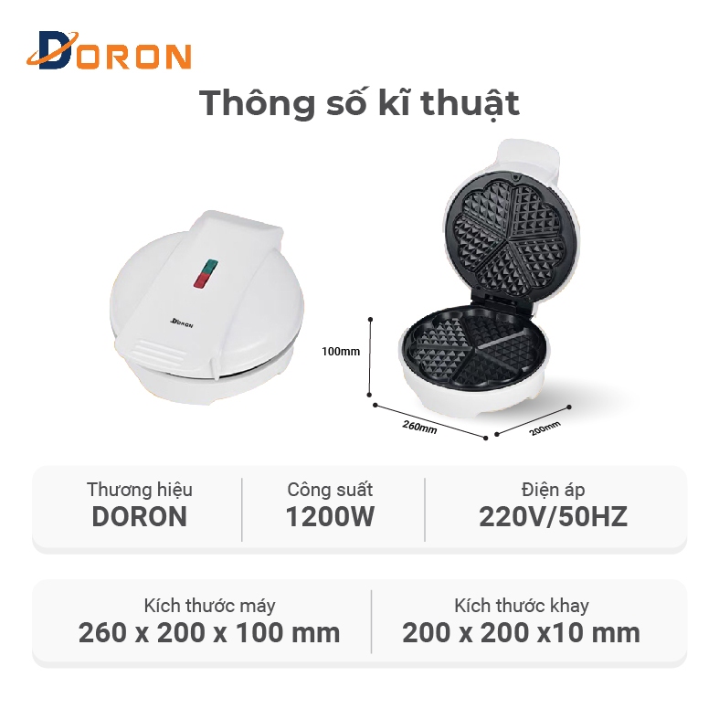 Máy làm bánh bông lan, máy nướng bánh kẹp tổ ong DORON 1000W màu trắng hiện đại, kiểu dáng sang trọng