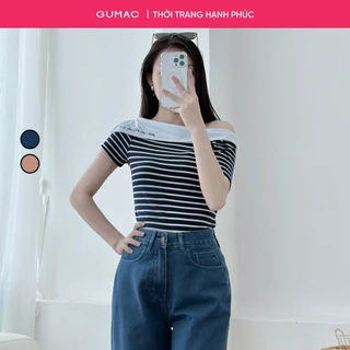 Áo thun nữ GUMAC kiểu lệch vai tay ngắn màu xanh sọc ngang thêu chữ LAF0815