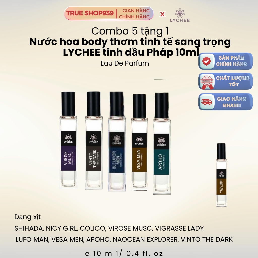 [5 tặng 1] Nước hoa body thơm tinh tế sang trọng  LYCHEE tinh dầu Pháp 10ml