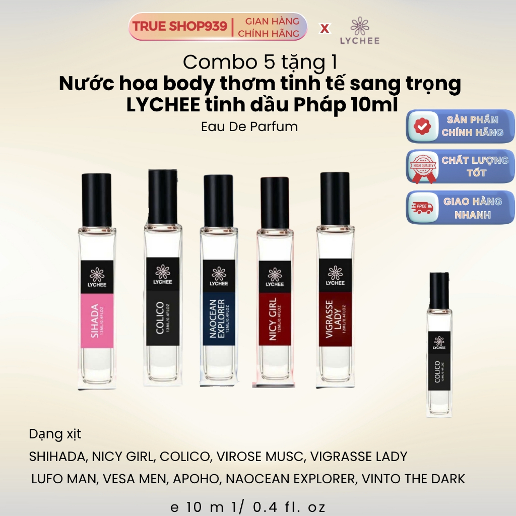 [5 tặng 1] Nước hoa body thơm tinh tế sang trọng  LYCHEE tinh dầu Pháp 10ml