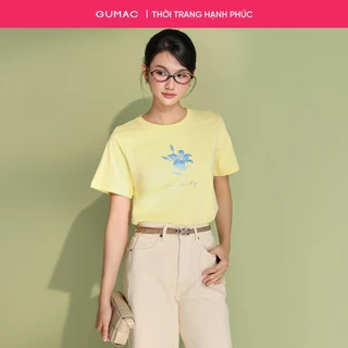 Áo thun nữ GUMAC cổ tròn in hoa ly màu vàng xanh thun cotton mềm mịn thoải mái  ATF05033