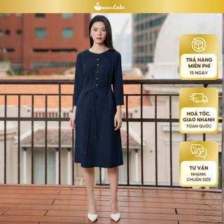 SWANLAKE | Váy Đầm Nữ Suông Cổ Tròn Cài Nút Tay Lỡ Vải Linen Dây Thắt Eo Công Sở Thanh Lịch D13306