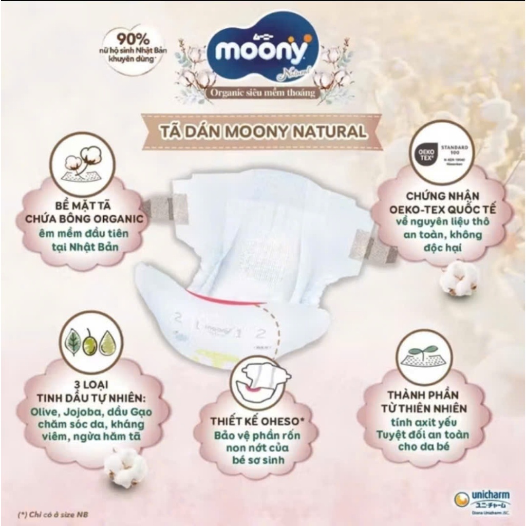 Tã dán Moony dịu nhẹ Natural cao cấp nâng niu làn da non nớt của bé size NB60+6/S54+6/M46/L38