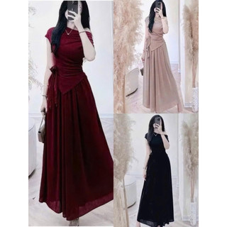 Set váy thun ướt áo kiểu lệch vai vạt nhọn bông hoa eo chân váy dáng dài xoè sang trọng hợp các buổi tiệc
