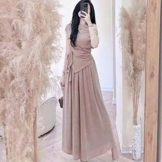 Set váy thun ướt áo kiểu lệch vai vạt nhọn bông hoa eo chân váy dáng dài xoè sang trọng hợp các buổi tiệc