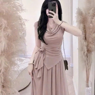 Set váy thun ướt áo kiểu lệch vai vạt nhọn bông hoa eo chân váy dáng dài xoè sang trọng hợp các buổi tiệc