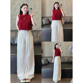 Set bộ thời trang nữ chất đũi vân mây áo cổ sơ mi sát nách mix quần dài ống rộng mẫu mã mới thiết kế xinh đẹp
