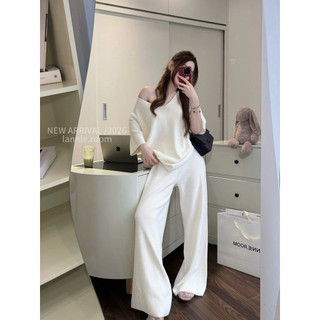 Set Bộ Len Gân Áo Cổ Tim Mix Quần Suông Dáng Dài, Set Áo Tay Cộc Mix Quần Suông Dài Lannie