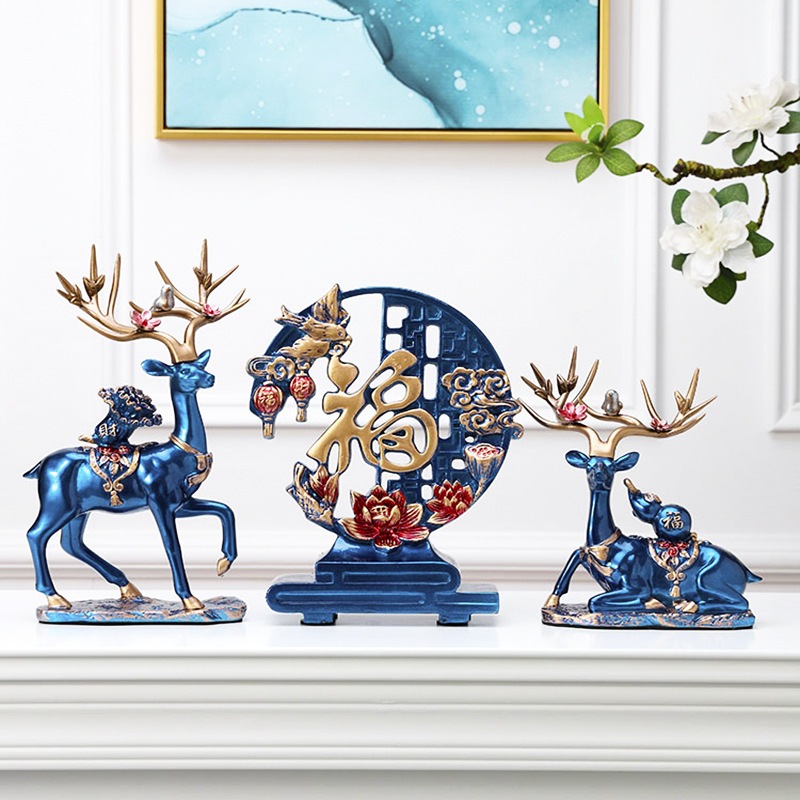 Bộ hươu kèm chữ phúc xanh, vàng decor nhà cửa