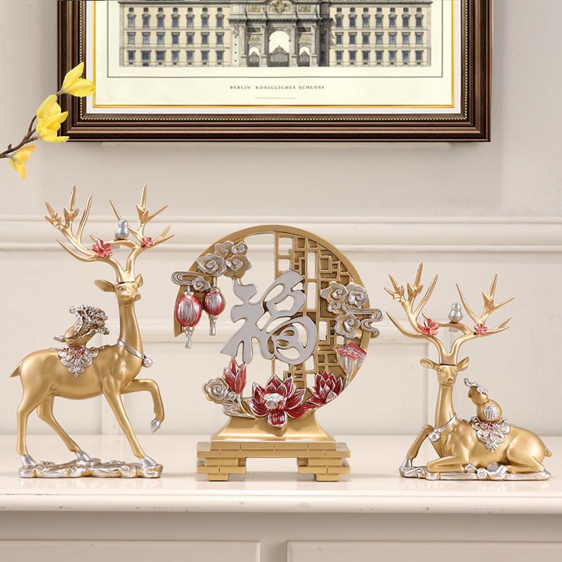 Bộ hươu kèm chữ phúc xanh, vàng decor nhà cửa