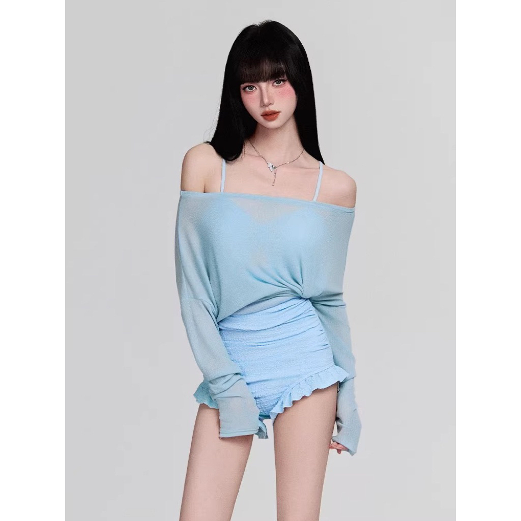 Đồ bơi bikini nữ liền thân tông nước pastel – kiểu váy kín đáo, che bụng, tôn dáng, có tay chống nắng
