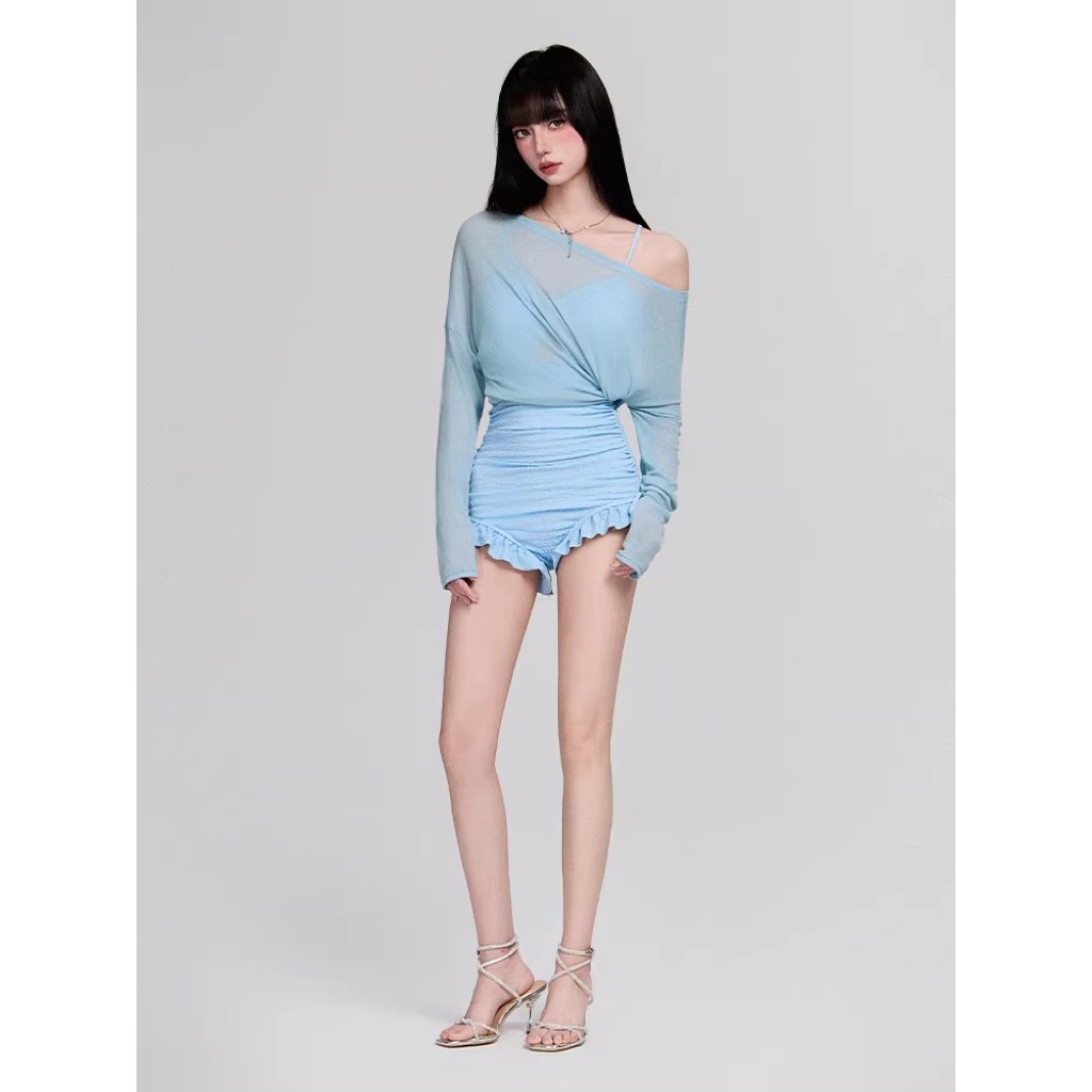 Đồ bơi bikini nữ liền thân tông nước pastel – kiểu váy kín đáo, che bụng, tôn dáng, có tay chống nắng