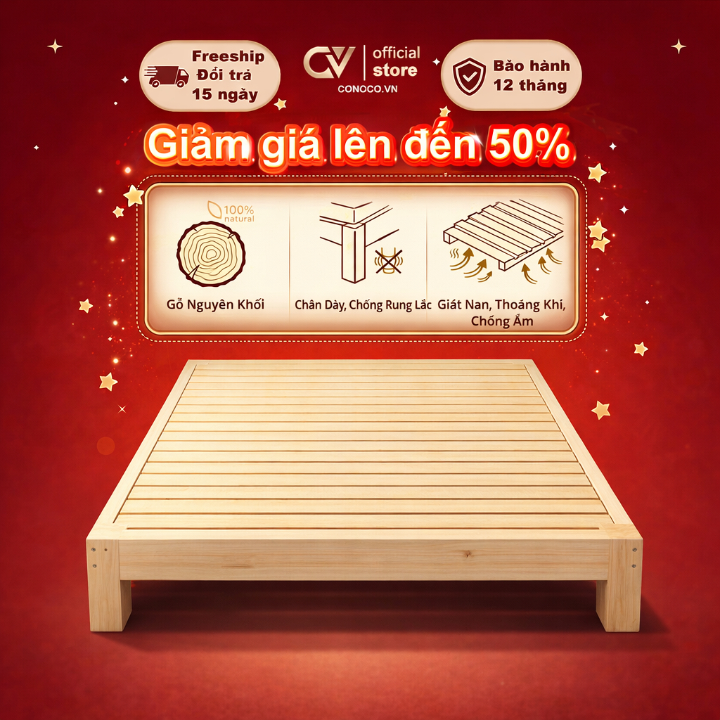 Giường gỗ pallet nan thông CONOCO Tối Giản Cao 30cm Chống dễ lắp cho căn hộ phòng trọ