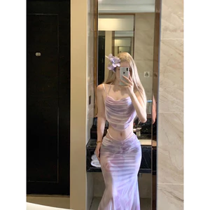 Bikini nữ tông nước pastel – đồ bơi 2 mảnh gợi cảm phong cách ngọt ngào, kèm váy lưới dài che dáng, chất liệu polyester