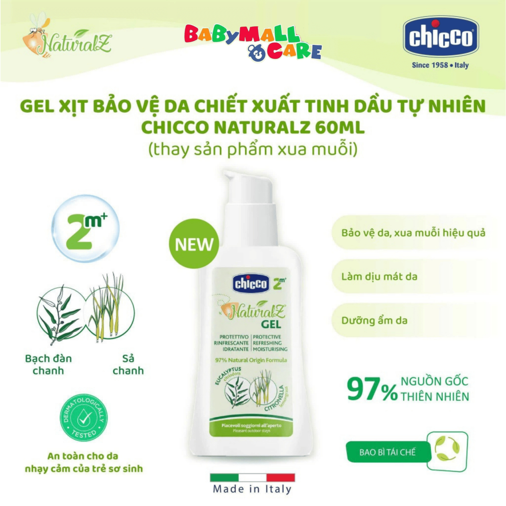 Gel Xịt Chống Muối Bảo Vệ Da Chicco NaturalZ 60ml Dưỡng Ẩm, Xua Muỗi Cho Bé | Babymall & Care