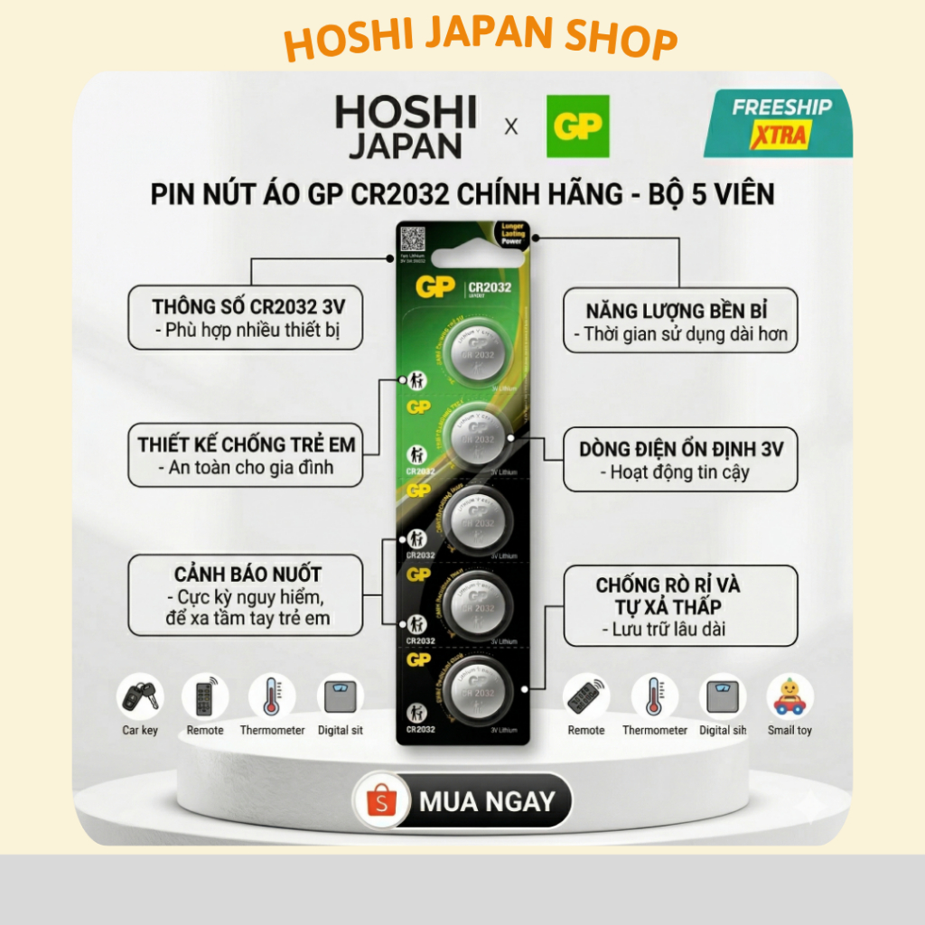 Pin cúc - đồng hồ - điều khiển xe máy CR2032 - CR2025 - CR2016 Chính Hãng GP Batteries vỉ 5 viên
