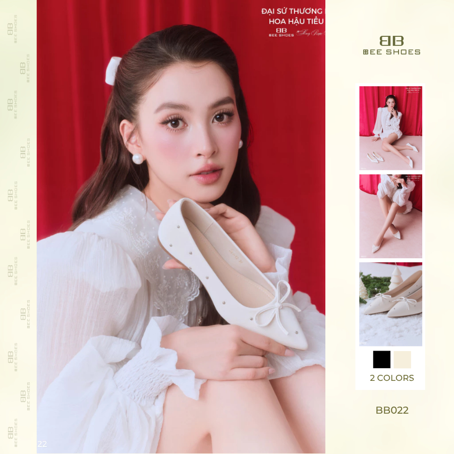 (BST Sống Rực Rỡ) Giày búp bê nữ BEESHOES đính đá sang trọng, mũi nhọn đế bệt cao 1 phân sẵn màu kem - đen BB022