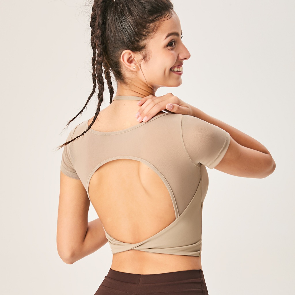 【Hoppe Fumeng】Áo yoga nữ hai lớp lưới thoáng khí, đệm ngực liền khối, dáng croptop ôm sát