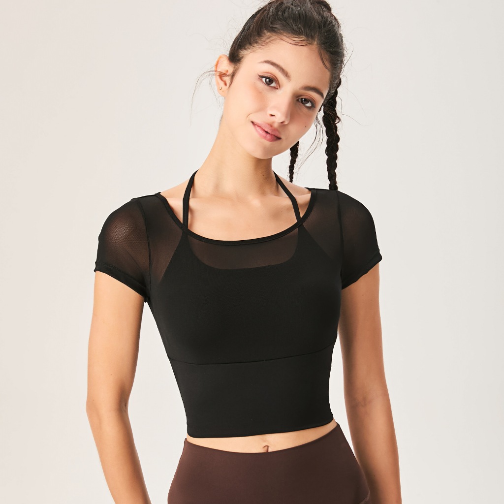 【Hoppe Fumeng】Áo yoga nữ hai lớp lưới thoáng khí, đệm ngực liền khối, dáng croptop ôm sát