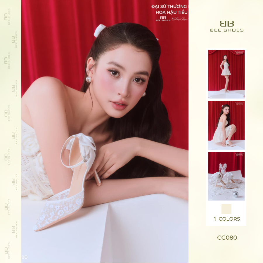 (BST Sống Rực Rỡ) Giày cao gót BEESHOES ren mũi nhọn gót nhọn cao 8 phân sẵn màu trắng CG080 (Form 1.5)