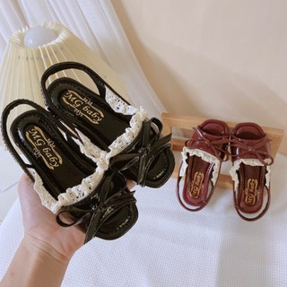 Mới sz 21-35 Dép Sandal Giày Búp Bê Hở Mũi Phối Nơ Ren Thoáng Chân CHo Bé Gái K033
