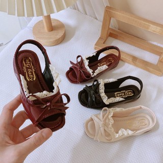 Mới sz 21-35 Dép Sandal Giày Búp Bê Hở Mũi Phối Nơ Ren Thoáng Chân CHo Bé Gái K033