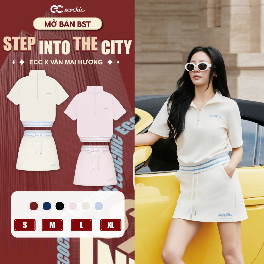 Set Chân Váy Ngắn ECOCHIC B219 Khoá Áo Halfzip Cạp Váy Bo Dệt Logo Thêu Chất Liệu Cao Cấp Chính Hãng