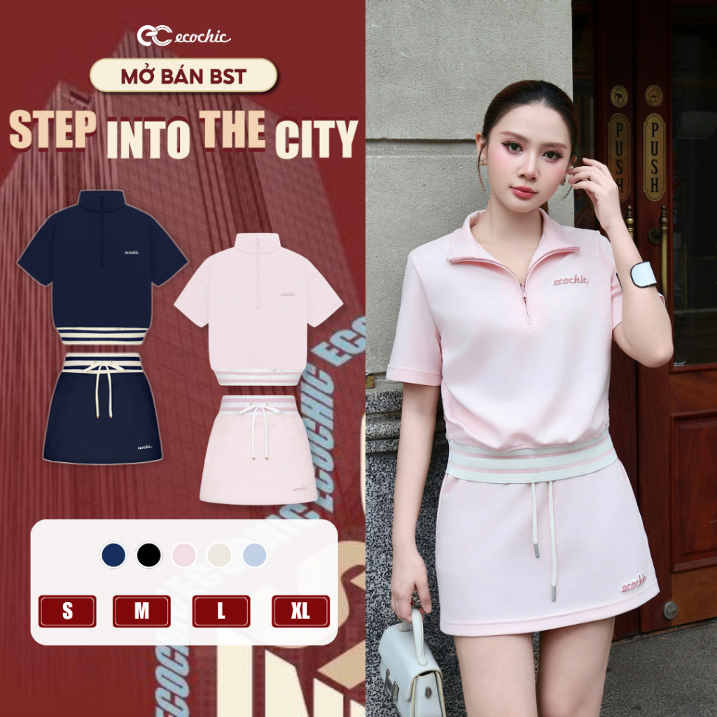 Set Chân Váy Ngắn ECOCHIC B219 Khoá Áo Halfzip Cạp Váy Bo Dệt Logo Thêu Chất Liệu Cao Cấp Chính Hãng