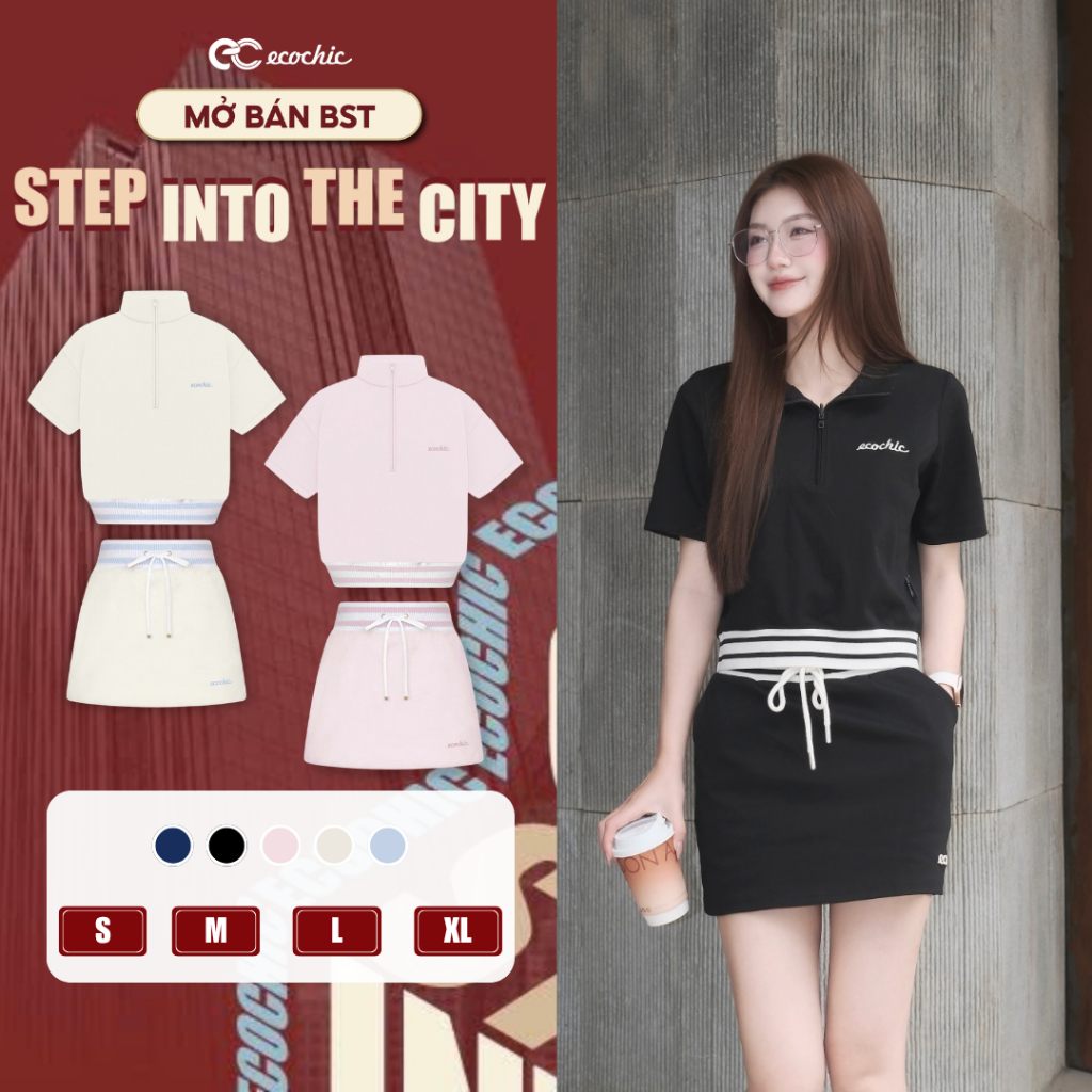Set Chân Váy Ngắn ECOCHIC B219 Khoá Áo Halfzip Cạp Váy Bo Dệt Logo Thêu Chất Liệu Cao Cấp Chính Hãng