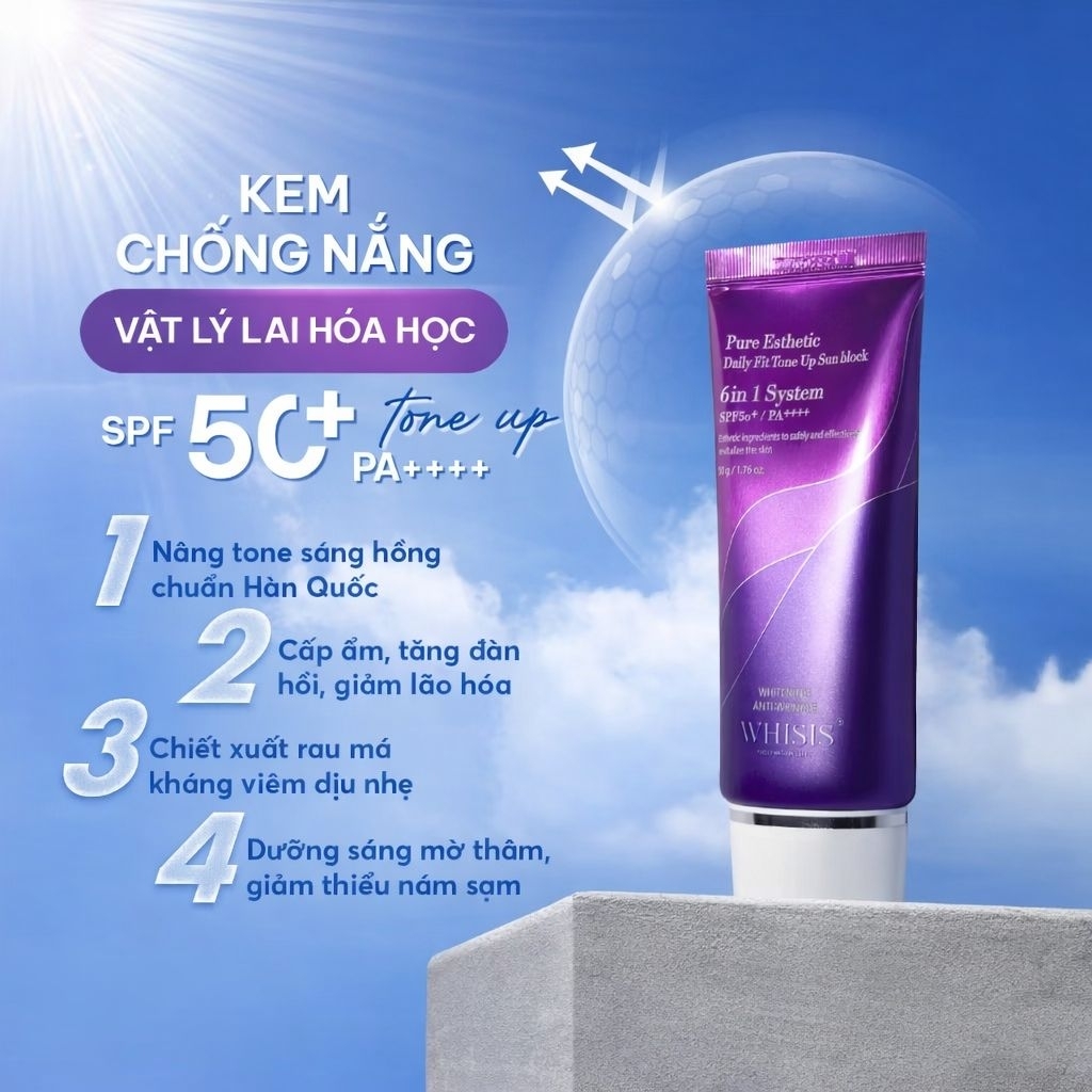 Kem Chống Nắng Kiềm Dầu Nâng Tone Hàn Quốc WHISIS Pure Esthetic Daily Fit Tone Up Sun  Block (SPF50+/PA++++)