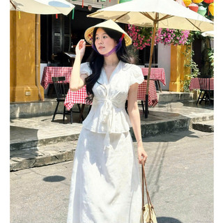Áo babydoll cổ V phối tay bồng buộc nơ cách điệu xinh xắn LAVIAN A107
