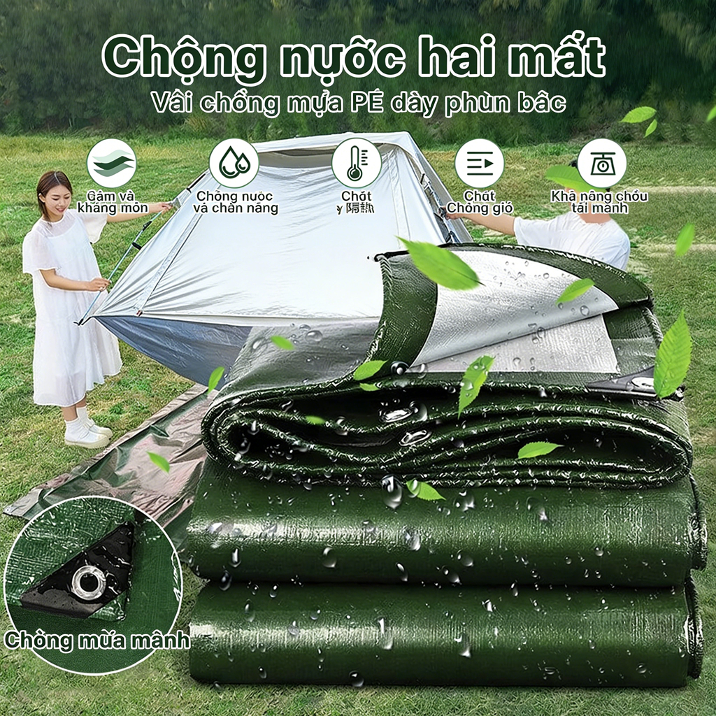 Bạt Che Nắng Mưa Ngoài Trời Đa Năng Cao Cấp Nhựa PE Phủ Nano Chống Thấm Kèm Móc May Viền Đóng Khoen