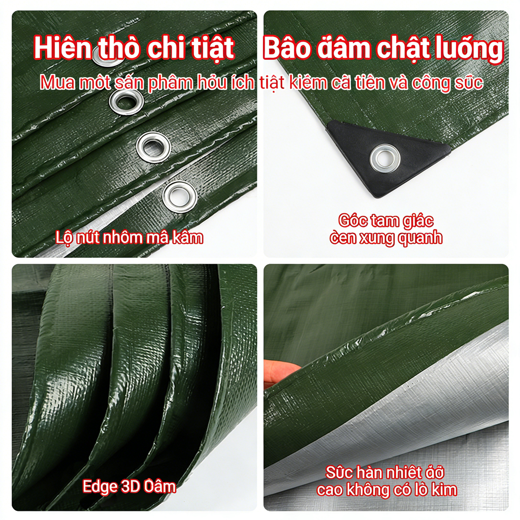 Bạt Che Nắng Mưa Ngoài Trời Đa Năng Cao Cấp Nhựa PE Phủ Nano Chống Thấm Kèm Móc May Viền Đóng Khoen