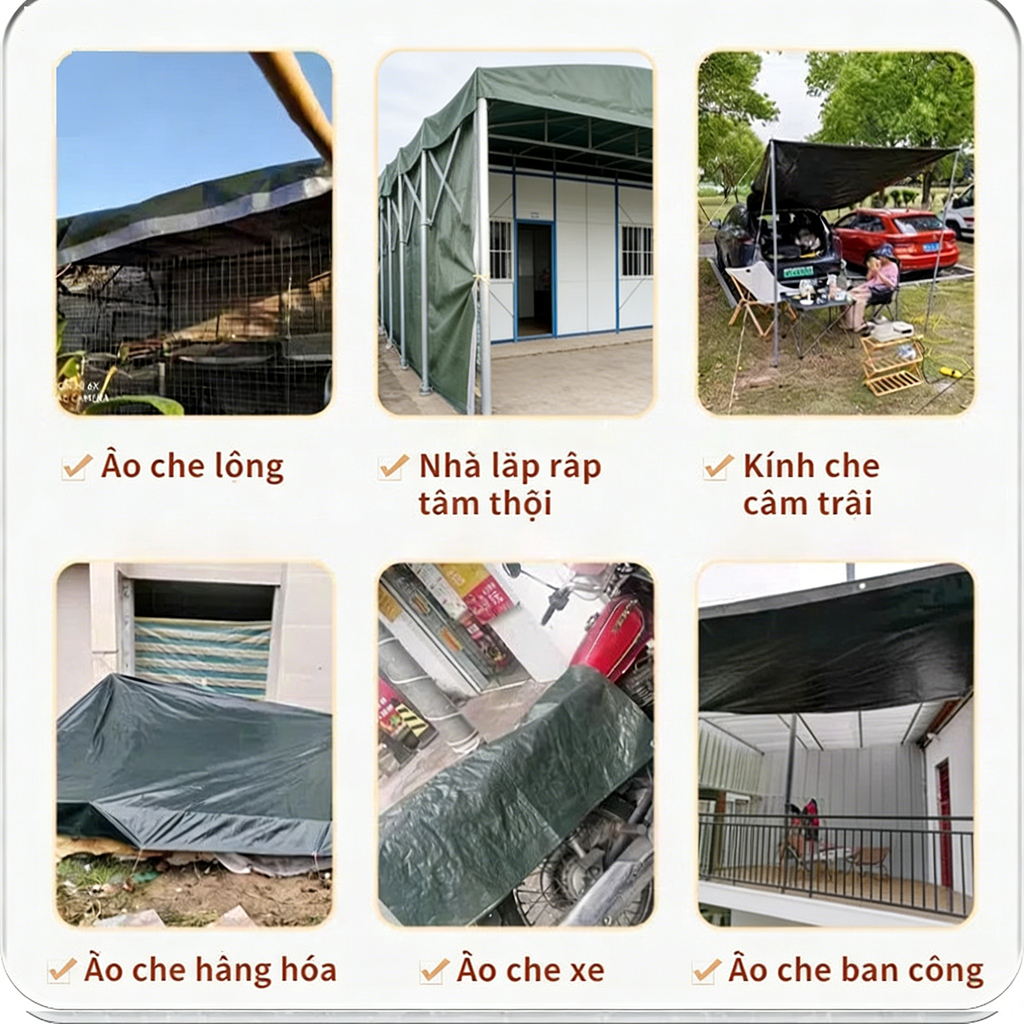 Bạt Che Nắng Mưa Ngoài Trời Đa Năng Cao Cấp Nhựa PE Phủ Nano Chống Thấm Nước Kèm Móc May Viền Đóng Khoen